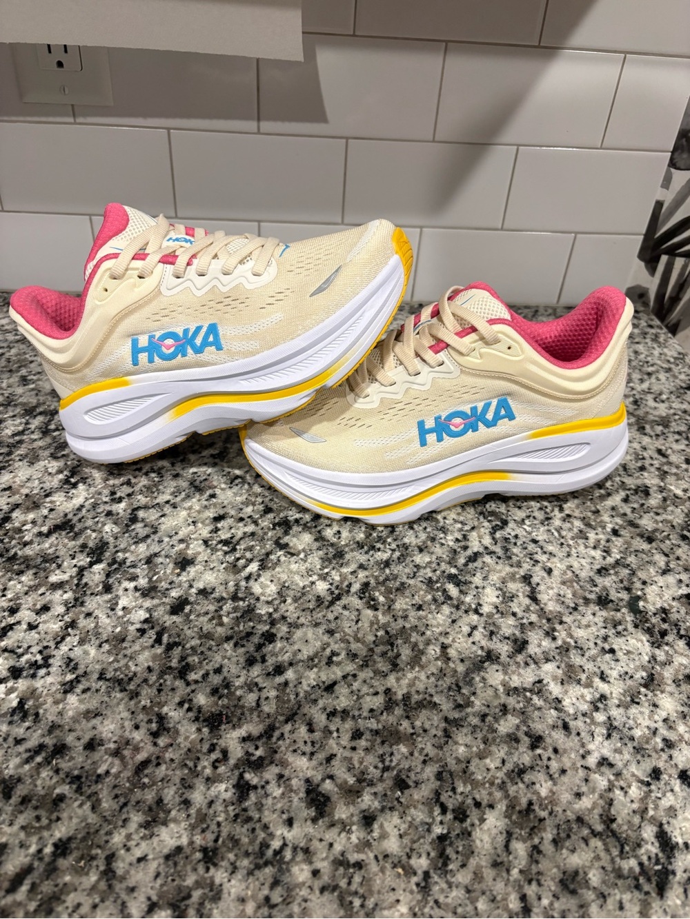 Hoka Bondi 9 Cream Pink Yellow Blue Women's Sneakers - Picture 4 of 15